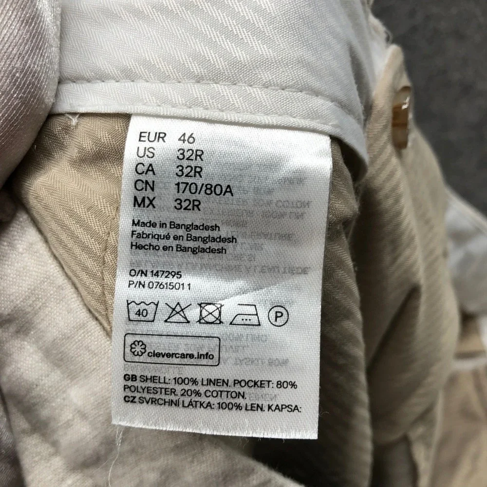 H&M Slim Fit Linen Trousers Mens 32R Beige Flat Front Casual Summer Beach Pants